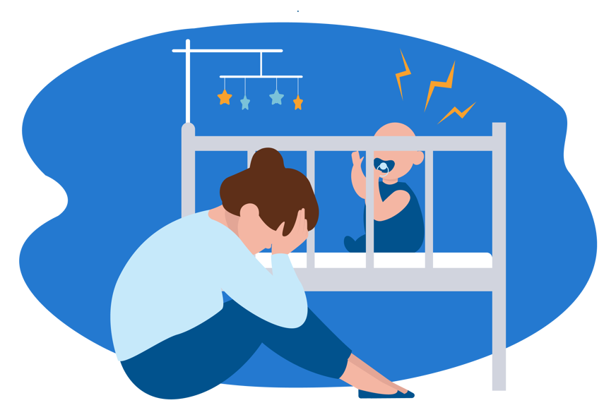 Ilustração de um bebê no berço, chorando, e uma mulher sentada levando as mãos ao rosto.